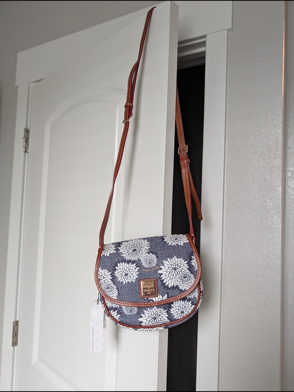Dooney & Bourke Navy Floral Crossbody with Brown Trim and Tan Strap